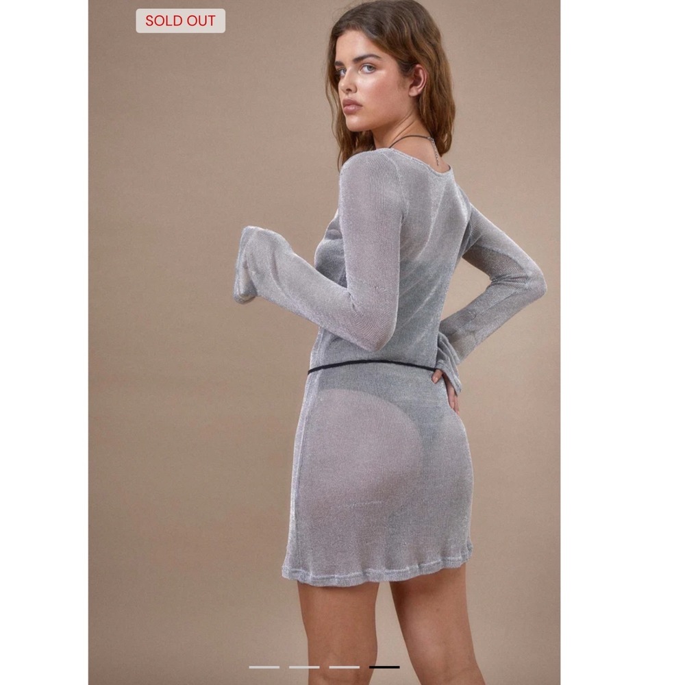 Motel Rocks Silver Metallic Sheer Knit Mini Dress Long Sleeve Flare‎ S